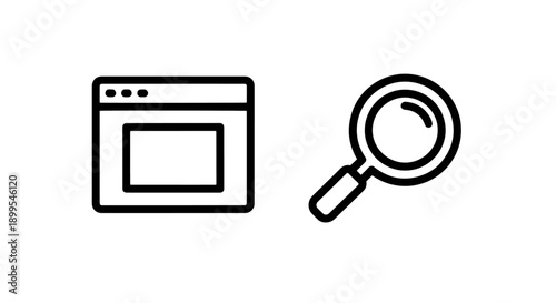 Browser window and magnifying glass icons for web search and analysis