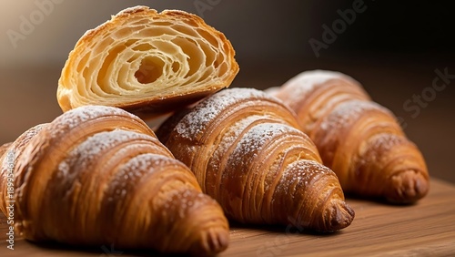 Freshly baked croissants on wooden surface.
