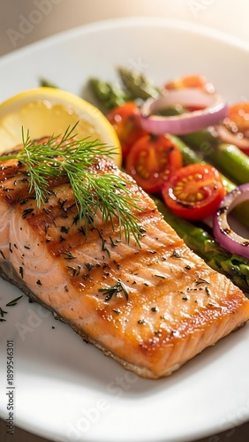 Grilled Salmon with Vegetables and Lemon.
