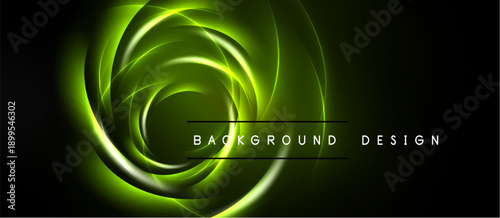 Abstract green swirls over black backdrop. Dynamic lines create circular motion, modern design element. Background text reads background design.