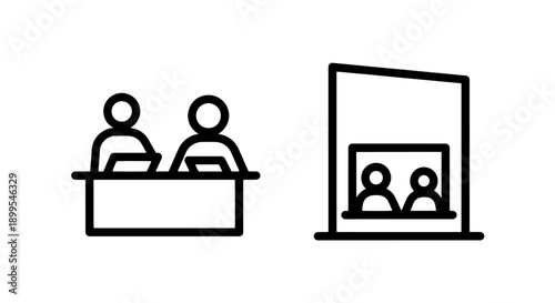 Team at Desk and Two People Behind Counter Icons for service and customer interaction