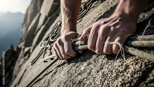 Rock Climbers Hands Grasping Rope on Cliff.