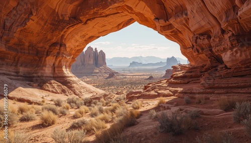 View of Distant Rock Formations Through a Natural Arch in a Desert Location D...