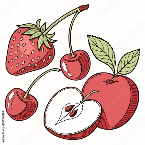 Freshly picked strawberries and an apple with a slice shown against a plain background