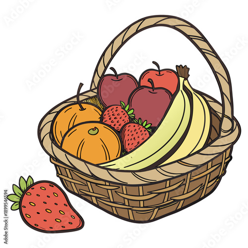 A rustic basket filled with fresh summer fruits including strawberries, bananas, and apples.