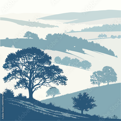 Serene landscape with rolling hills and solitary tree under soft skies