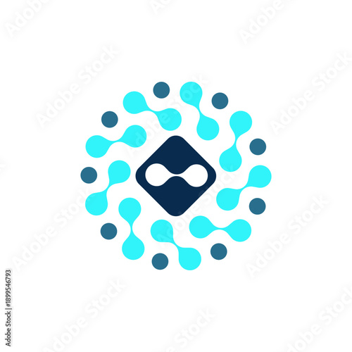 Εκτύπωση καμβά Abstract science-inspired logo showing connected nodes orbiting a central core, symbolizing data networks, molecular systems, and innovation for technology, research, and biotech brands