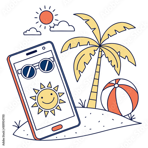 Relaxing beach vacation illustrated on a smartphone screen with tropical icons.