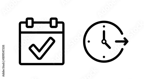 Outline Calendar with Checkmark and Clock with Arrow for Task Completion and Time Tracking