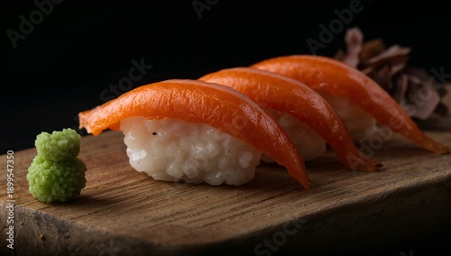 Fresh Salmon Sushi With Wasabi and Ginger Served on a Wooden Platter in a Res...