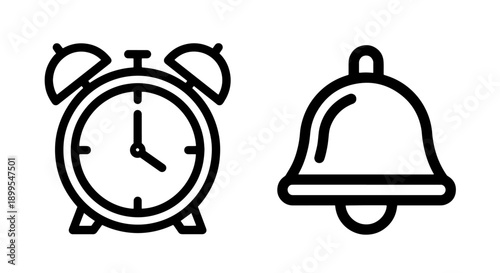 Outline Alarm Clock and Notification Bell Icons for Time Management and Event Alerts