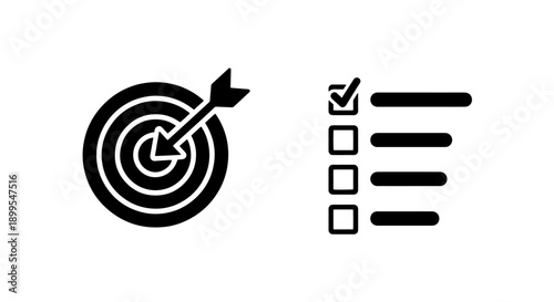 Black and White Target with Arrow and Checked List Icons for Goals and Completed Tasks