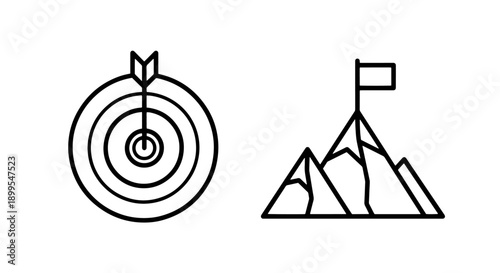 Outline Target and Mountain Peak with Flag Icons for Aspirations, Goals, and Success