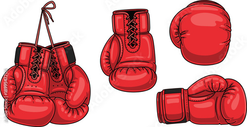Red boxing gloves illustration, various views and arrangements, realistic sports equipment design, hanging gloves, training gear concept, athletic fighting accessory graphic