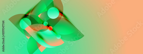 Abstract composition features vibrant green, orange hues. Overlapping shapes create dynamic visual effect. Smooth gradients suggest fluidity, depth.