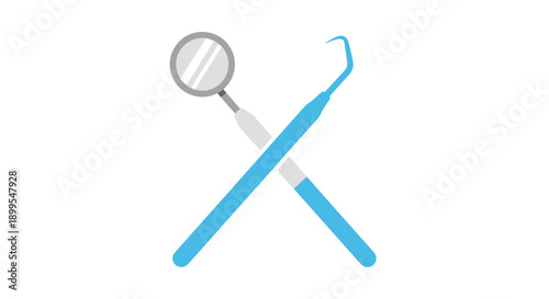 Dental instruments crossed over a white background, a dentist mirror and explorer, flat illustration, medical tools, healthcare