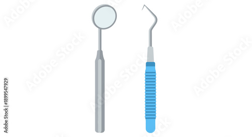 Dental instruments including mirror and explorer on transparent background viewed from directly above