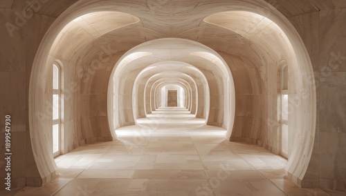Light Shines Through Arches in Long Hallway of Modern Building in a Quiet Set...