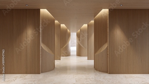 Light Shines Through Arches in Long Hallway of Modern Building in a Quiet Set...