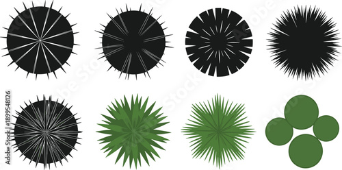 Abstract radial burst shapes collection, spiky circular forms, black and green vector elements for design, logos, backgrounds, and graphics