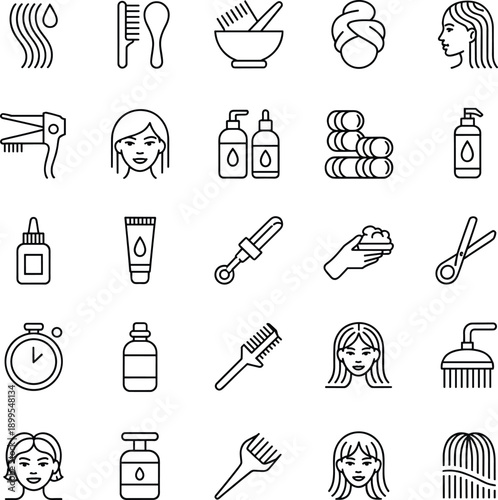 Hair care icons, beauty treatment symbols, black and white vector set, shampoo, conditioner, hair dryer, scissors, serum, towel, comb