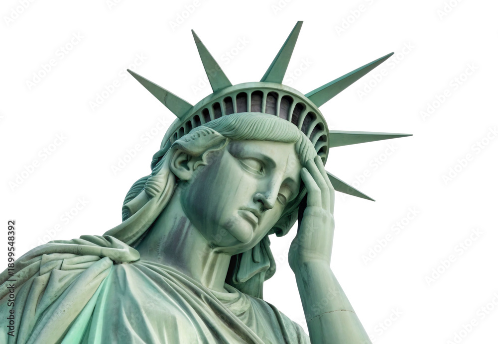 Fototapeta premium Statue of Liberty face and crown detail in contemplative side angle, isolated on a transparent background