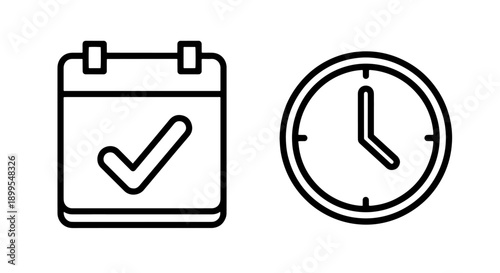 Calendar with Check Mark and Clock Icons for Confirmed Schedules and Time Management