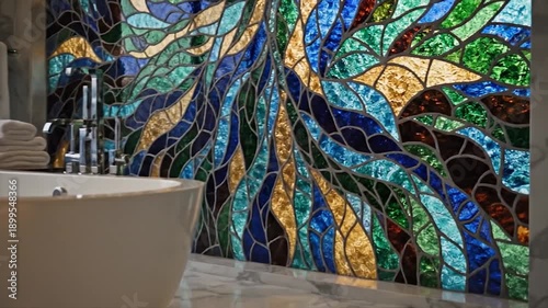 Wallpaper Mural Luxurious bathroom with a view of a snowy forest and vibrant stained glass. Torontodigital.ca