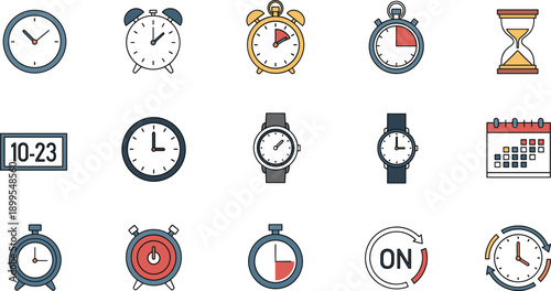 Time and Schedule Icon Set with Clock, Alarm, Stopwatch, Timer, Calendar, and Productivity Symbols for Planning, Deadlines, and Time Management Design