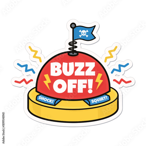 Cartoon prank buzzer button with pirate flag. Funny toy with buzz off text and lightning bolts. Vector sticker isolated on transparent background