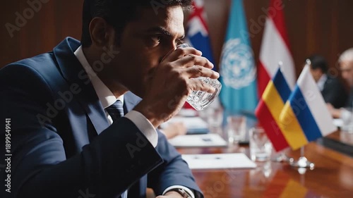 Wallpaper Mural Man in Suit at International Diplomacy Meeting with Flags. Torontodigital.ca