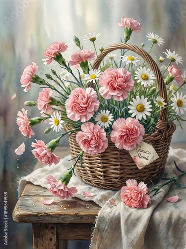 Pink carnations and daisies basket for Mother's Day watercolor - AI Generated