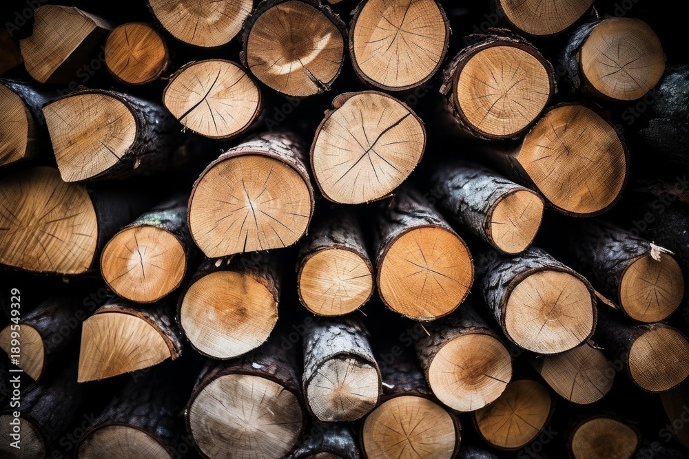 Fototapeta premium Stacked timber creating an abstract pattern of cut wood ends with annual growth rings