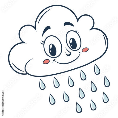 A cheerful cartoon cloud releasing gentle raindrops with a smiling face