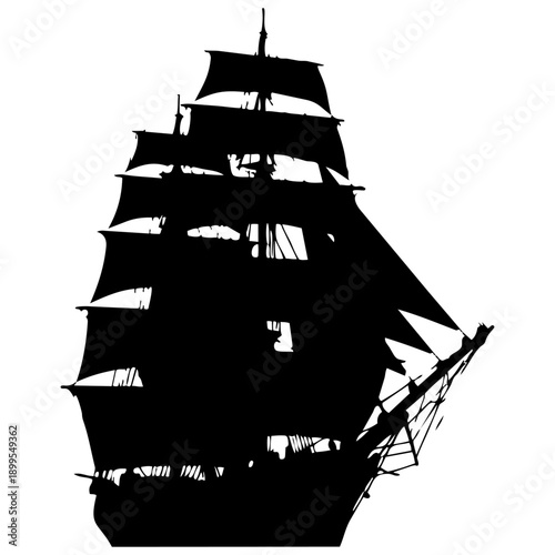 A majestic black silhouette of a sailing ship against a white background. isolated on transparent background, Vector