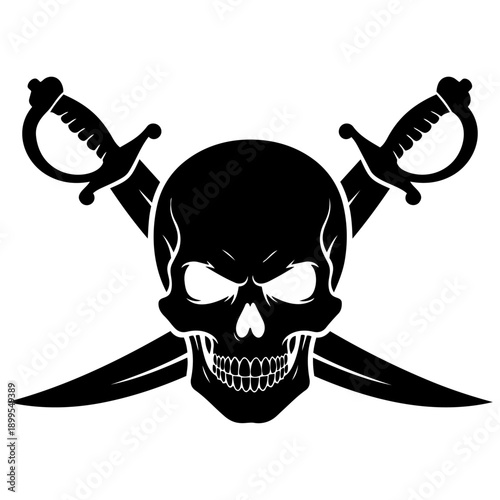 A black skull and crossbones symbol with swords behind it, representing danger and piracy. isolated on transparent background, Vector