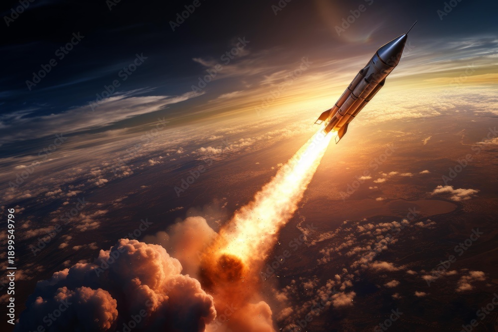Fototapeta premium Rocket propelling through clouds on its way to orbit with powerful exhaust flames