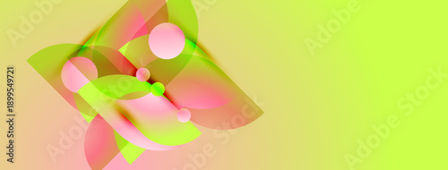 Abstract shapes overlap, creating vibrant pinks, greens, yellows. Soft gradients suggest depth, light interplay. Minimalist design.