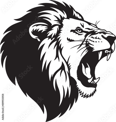 A fierce lion's head illustration with a bold mane and open mouth. isolated on transparent background, Vector