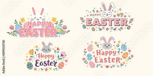 Happy easter bunny greeting card designs with floral patterns and colorful eggs