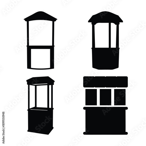 Diverse silhouettes of portable trade show booths, market stalls, and event kiosks