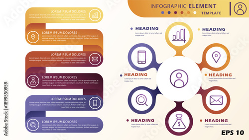 Business Infographic Element Template. Vector Presentation Slide Featuring a 6-Step Winding Ribbon Process and a 6-Node Circular Relationship Hub with Professional Icons