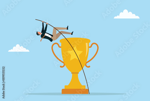 Vector illustration of a businessman pole vaulting over a golden trophy symbolizing ambition success achievement business goals victory and overcoming challenges
