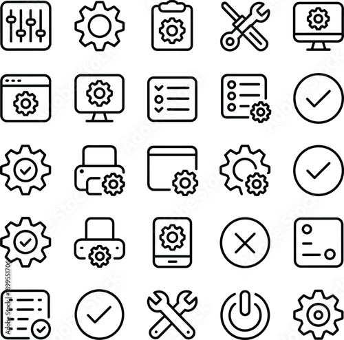 System settings icons, gear, tools, sliders, configuration symbols, mobile, desktop, printer, clipboard, power button, black and white vector