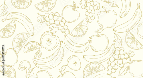Fresh fruit pattern with apples bananas grapes and oranges on cream background