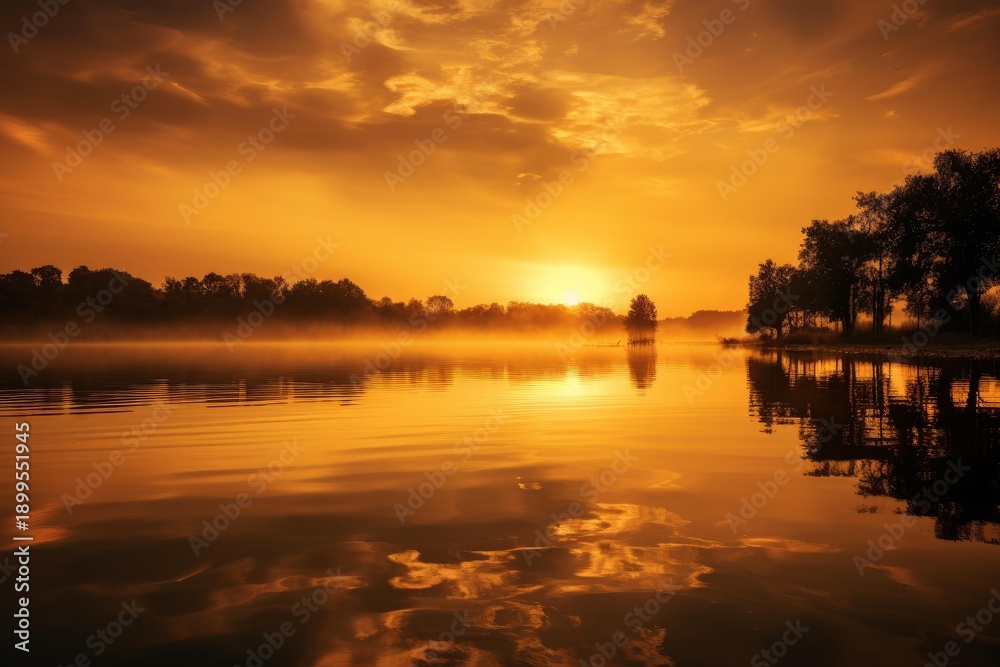 Obraz premium Serene lake reflecting the vibrant orange sky during a misty morning