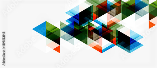 Abstract geometric shapes overlap, creating dynamic visual effect. Blue, green, orange hues dominate white background. Modern design.