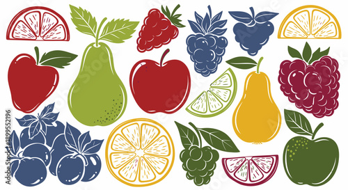 Colorful assorted fruit icons with leaves on white background for design