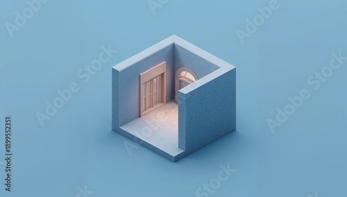 Model of a Simple Room With a Door and a Window on Blue Background in Modern ...
