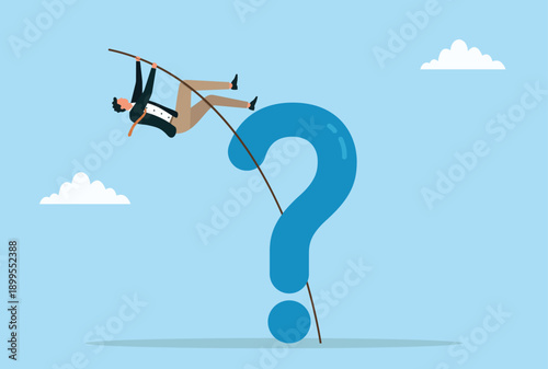 Vector illustration of a businessman pole vaulting over a big question mark symbolizing overcoming uncertainty challenges risks problem solving and business success
